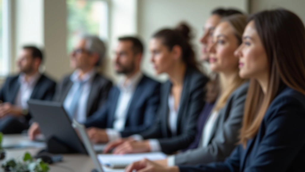 Grupo de profissionais em reunião de conferência, focados e atentos, tomando notas durante uma apresentação