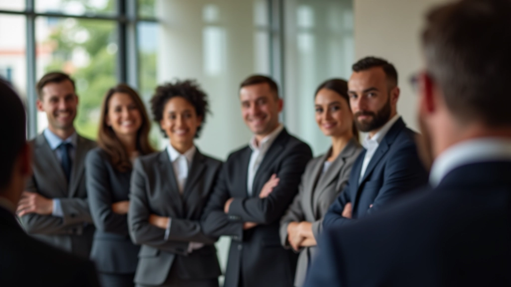 Grupo de profissionais em apresentação com linguagem corporal confiante e engajada