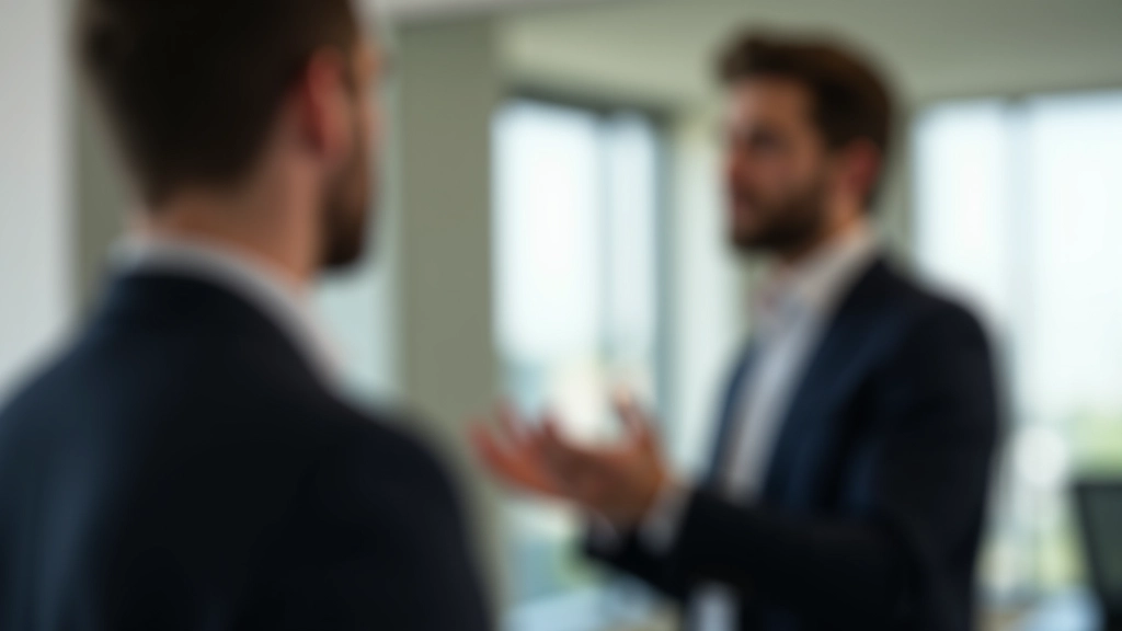 Homem de terno praticando gestos de apresentação diante de um espelho