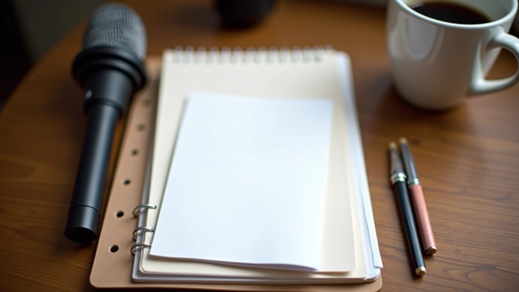 Notebook aberto com anotações de discurso junto a um microfone