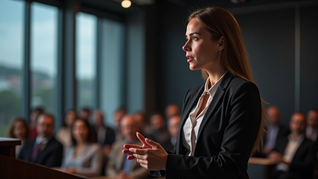 Apresentação profissional em sala de conferências com audiência atentamente envolvida
