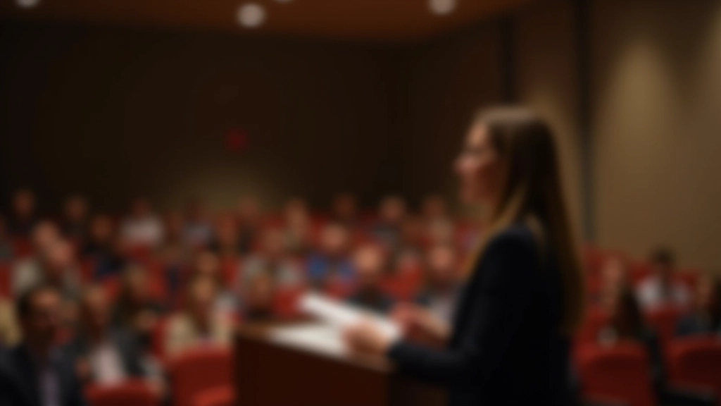 Profissional durante apresentação num auditório moderno com público atento